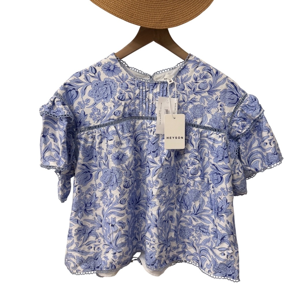 Heyson Blue Floral Pintuck Peplum Blouse